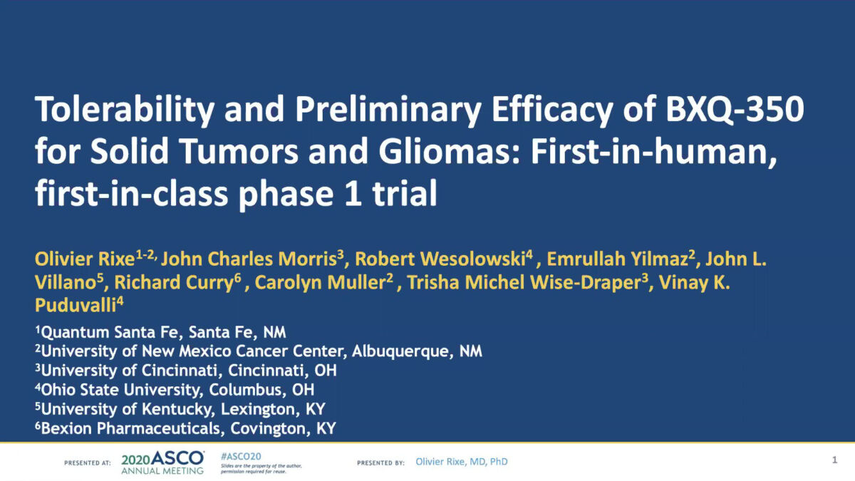 Tolerability and Preliminary Efficacy of BXQ-350 for Solid Tumors and Gliomas: First-in-human, first-in-class phase 1 trial